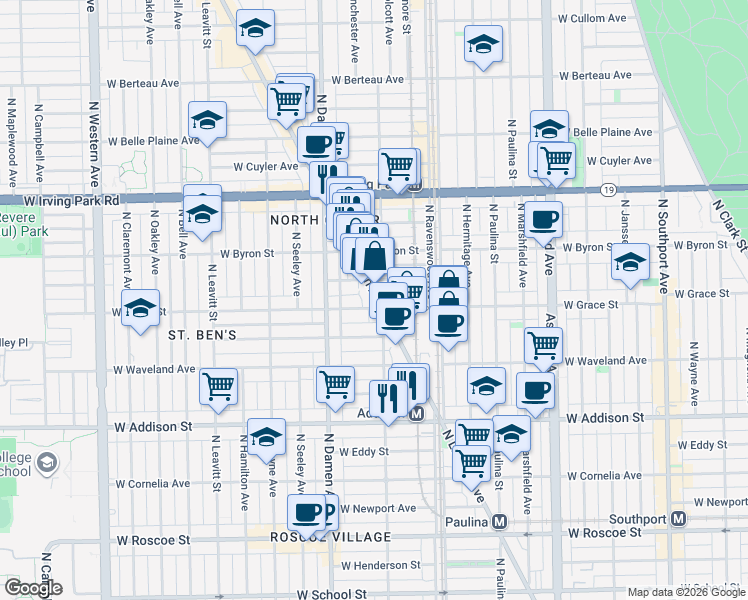 map of restaurants, bars, coffee shops, grocery stores, and more near 3801 North Lincoln Avenue in Chicago