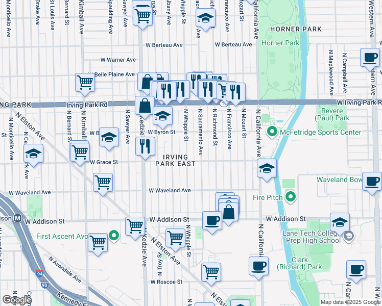 map of restaurants, bars, coffee shops, grocery stores, and more near 3802 North Sacramento Avenue in Chicago