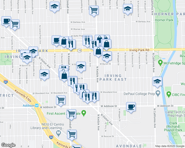 map of restaurants, bars, coffee shops, grocery stores, and more near 3804 North Sawyer Avenue in Chicago