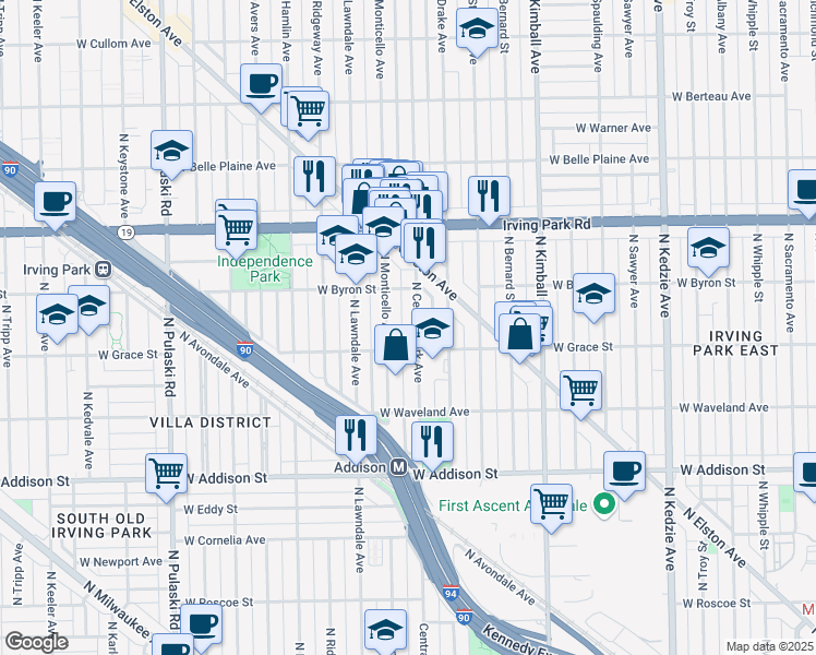 map of restaurants, bars, coffee shops, grocery stores, and more near 3809 North Monticello Avenue in Chicago