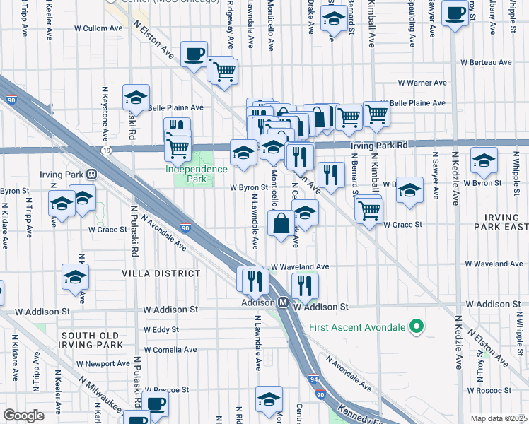 map of restaurants, bars, coffee shops, grocery stores, and more near 3809 North Lawndale Avenue in Chicago