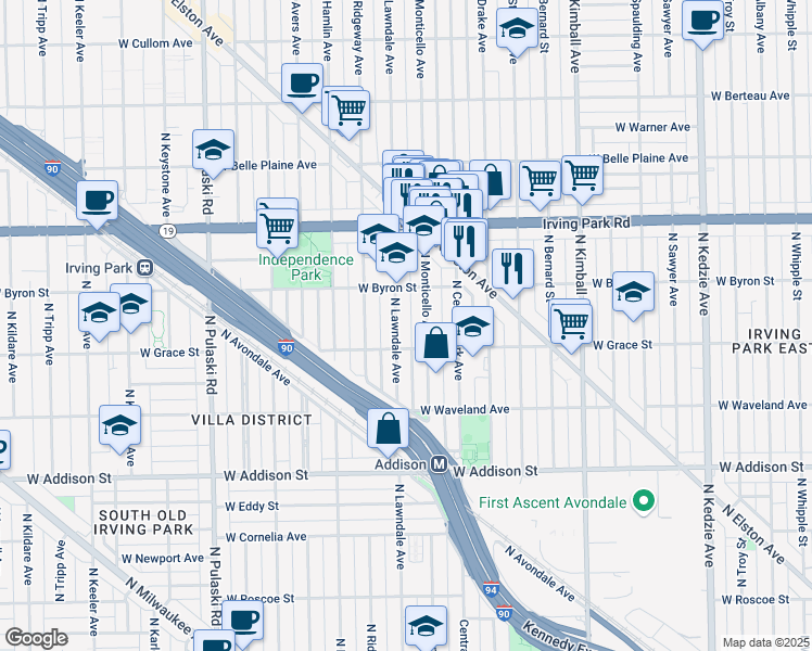 map of restaurants, bars, coffee shops, grocery stores, and more near 3809 North Lawndale Avenue in Chicago