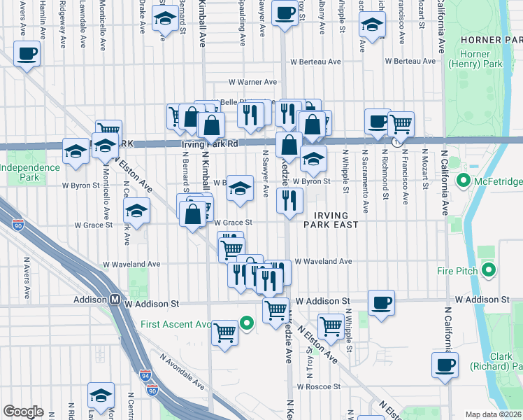map of restaurants, bars, coffee shops, grocery stores, and more near 3804 North Sawyer Avenue in Chicago
