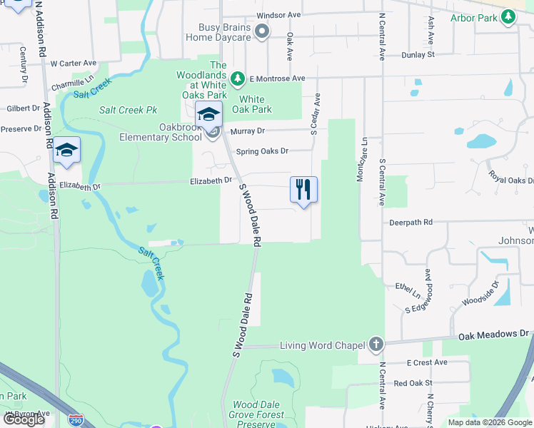map of restaurants, bars, coffee shops, grocery stores, and more near 5N061 South Wood Dale Road in Wood Dale