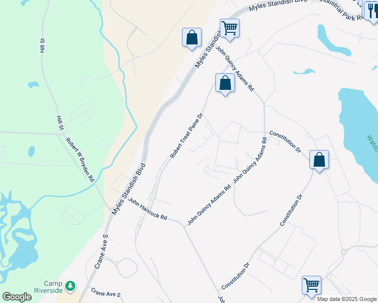 map of restaurants, bars, coffee shops, grocery stores, and more near 177 Robert Treat Paine Drive in Taunton