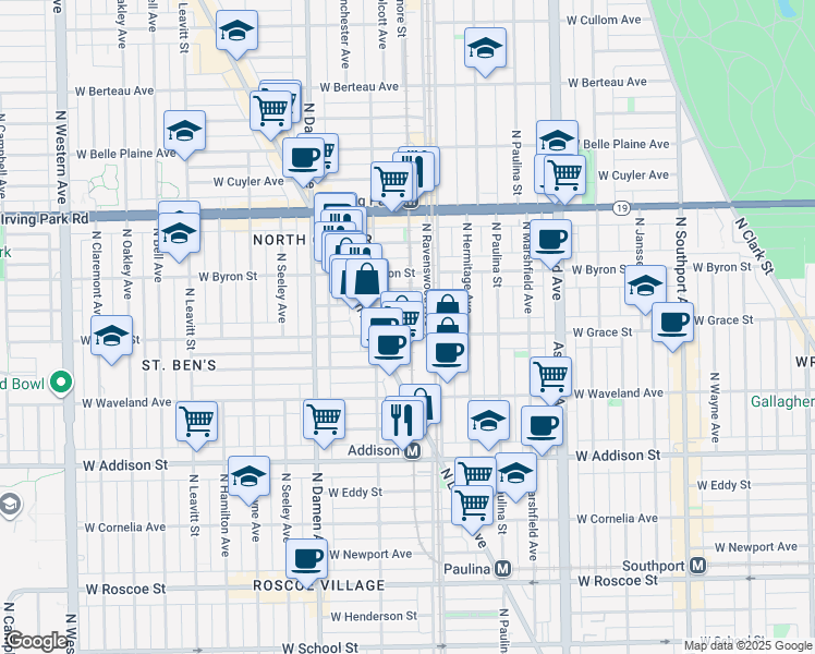 map of restaurants, bars, coffee shops, grocery stores, and more near 1818 West Grace Street in Chicago