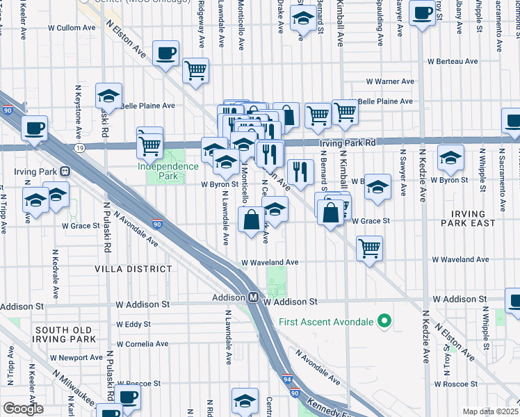 map of restaurants, bars, coffee shops, grocery stores, and more near 3809 North Monticello Avenue in Chicago