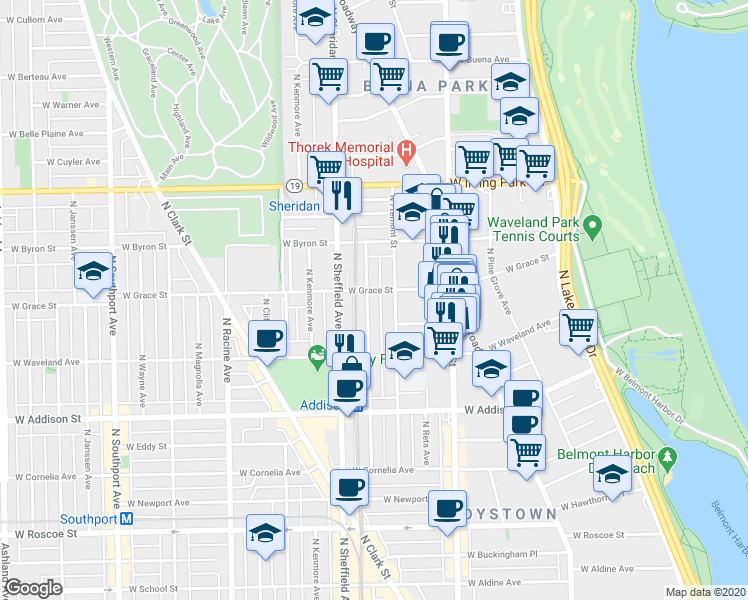 map of restaurants, bars, coffee shops, grocery stores, and more near 3759 North Wilton Avenue in Chicago