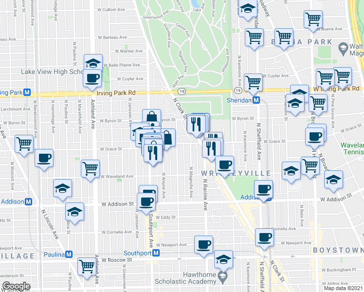 map of restaurants, bars, coffee shops, grocery stores, and more near 1253 West Grace Street in Chicago