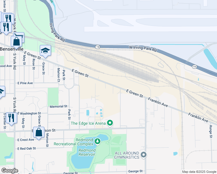 map of restaurants, bars, coffee shops, grocery stores, and more near 720 East Green Street in Bensenville