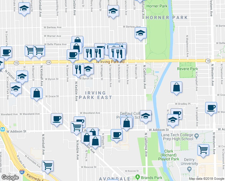 map of restaurants, bars, coffee shops, grocery stores, and more near 3815 North Sacramento Avenue in Chicago