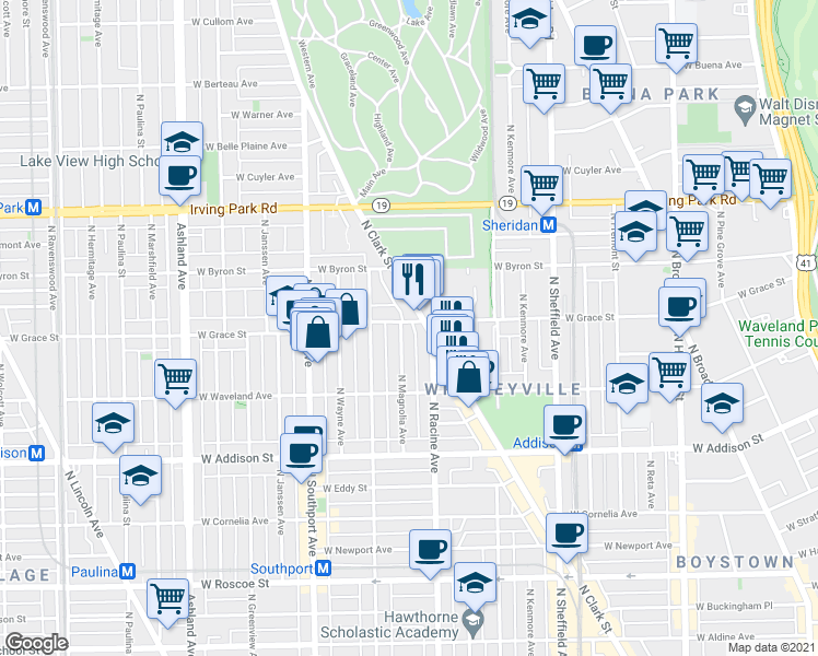 map of restaurants, bars, coffee shops, grocery stores, and more near 3753 North Magnolia Avenue in Chicago