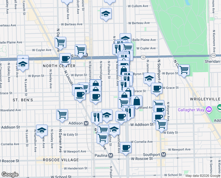 map of restaurants, bars, coffee shops, grocery stores, and more near 1639 West Grace Street in Chicago