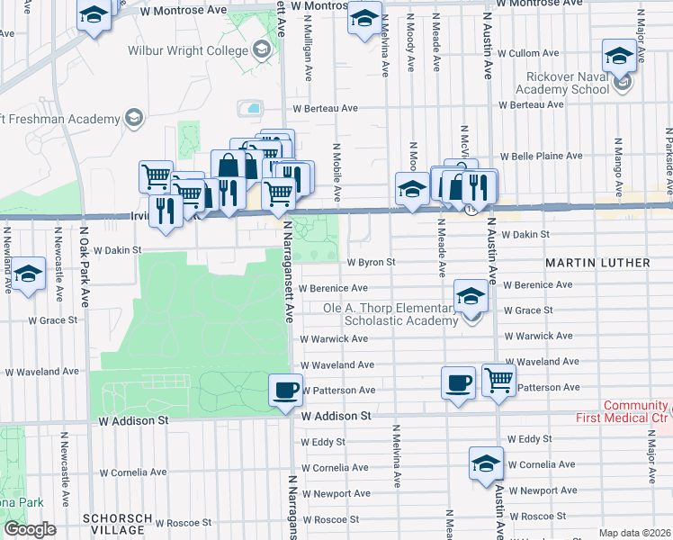 map of restaurants, bars, coffee shops, grocery stores, and more near 6308 West Berenice Avenue in Chicago