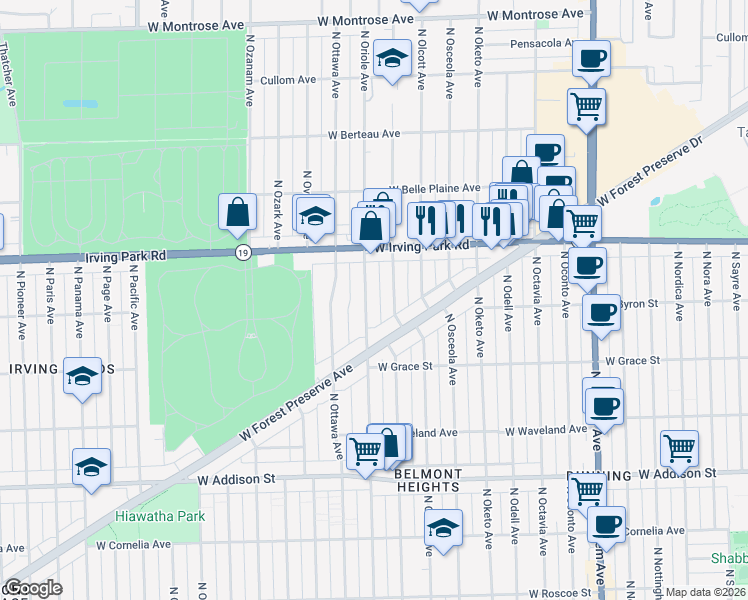 map of restaurants, bars, coffee shops, grocery stores, and more near 3916 North Oleander Avenue in Chicago