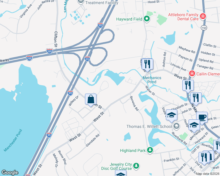 map of restaurants, bars, coffee shops, grocery stores, and more near 70 Westwood Park Circle in Attleboro