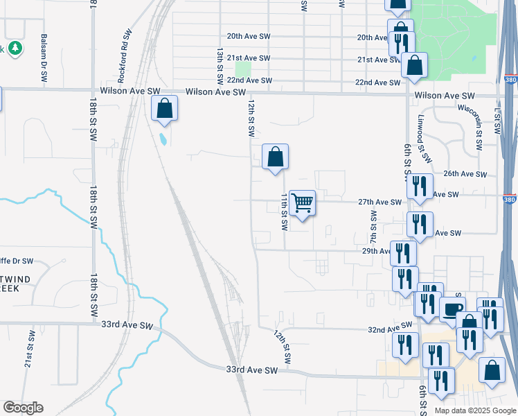 map of restaurants, bars, coffee shops, grocery stores, and more near 2739 12th Street Southwest in Cedar Rapids