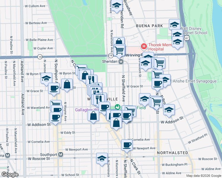 map of restaurants, bars, coffee shops, grocery stores, and more near 1045 West Grace Street in Chicago