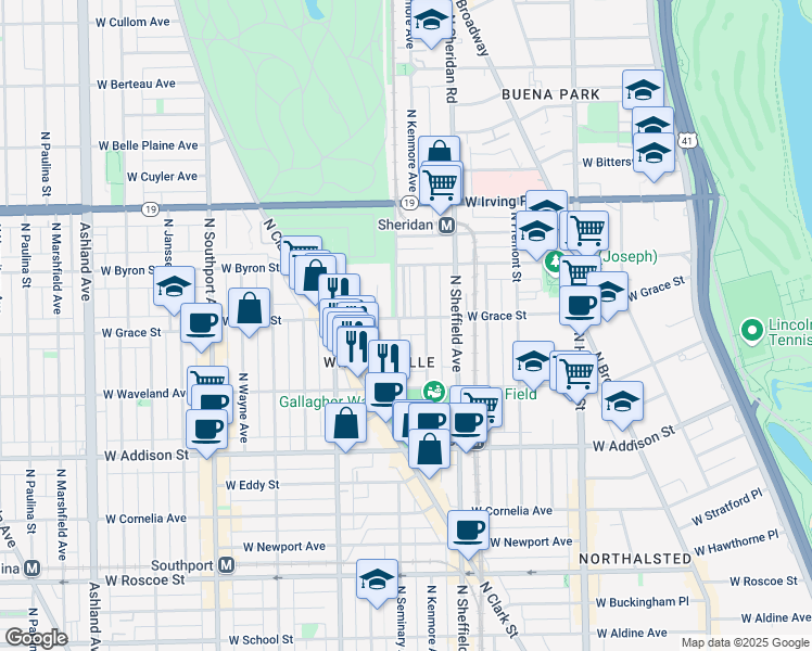 map of restaurants, bars, coffee shops, grocery stores, and more near 1051 West Grace Street in Chicago