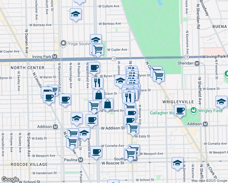 map of restaurants, bars, coffee shops, grocery stores, and more near 3755 North Greenview Avenue in Chicago