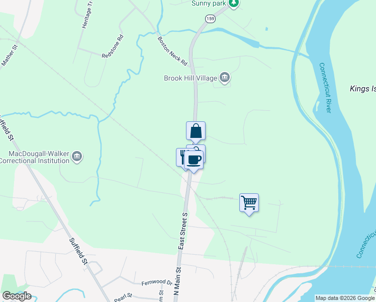 map of restaurants, bars, coffee shops, grocery stores, and more near 1087 East Street South in Suffield