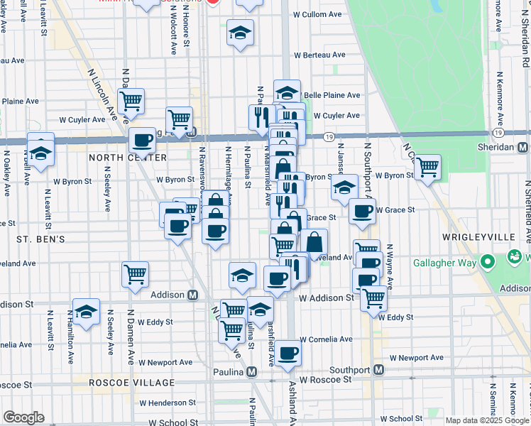 map of restaurants, bars, coffee shops, grocery stores, and more near 1639 West Grace Street in Chicago