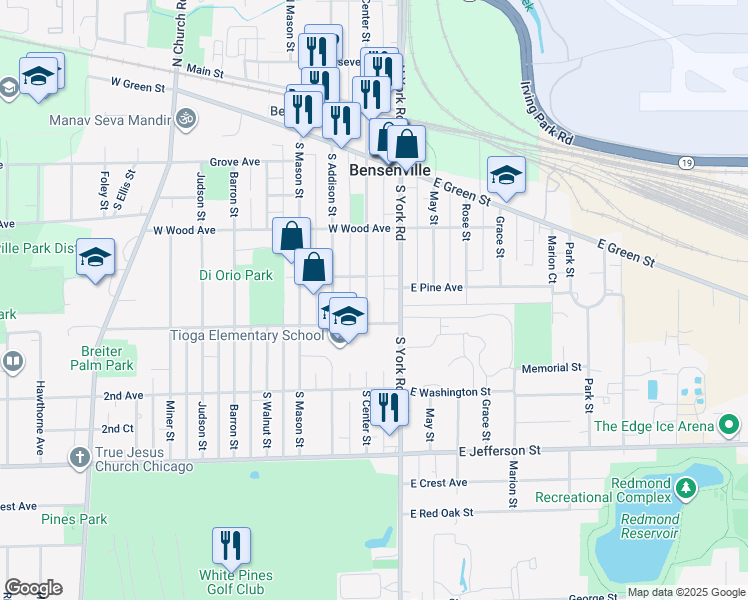 map of restaurants, bars, coffee shops, grocery stores, and more near 263 South Center Street in Bensenville
