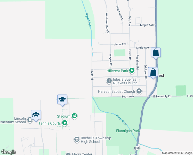 map of restaurants, bars, coffee shops, grocery stores, and more near 414 Hillcrest Avenue in Rochelle