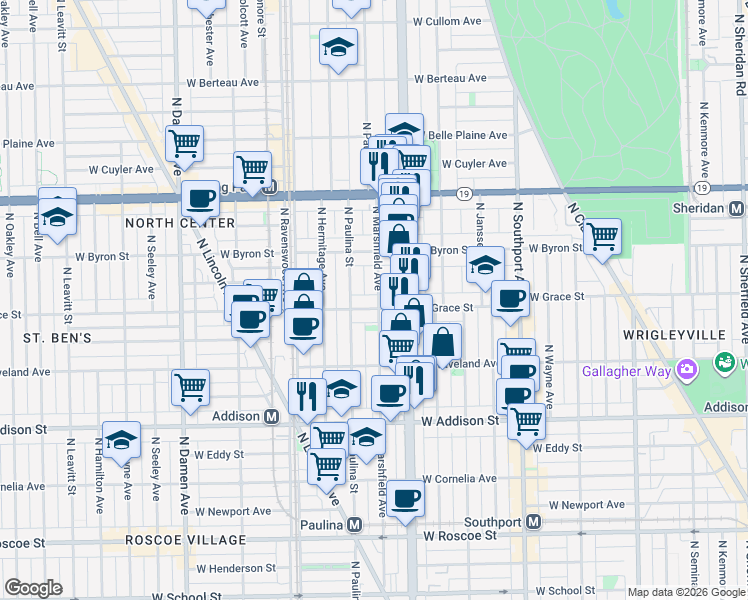 map of restaurants, bars, coffee shops, grocery stores, and more near 1639 West Grace Street in Chicago