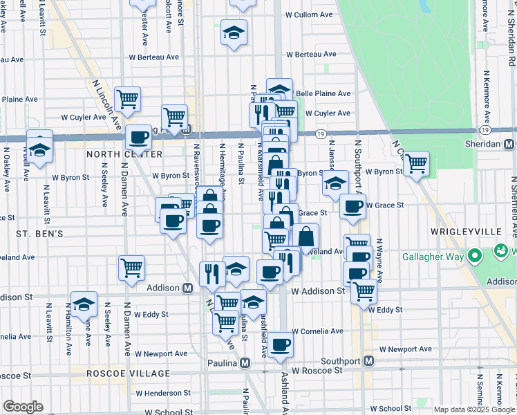 map of restaurants, bars, coffee shops, grocery stores, and more near 1639 West Grace Street in Chicago