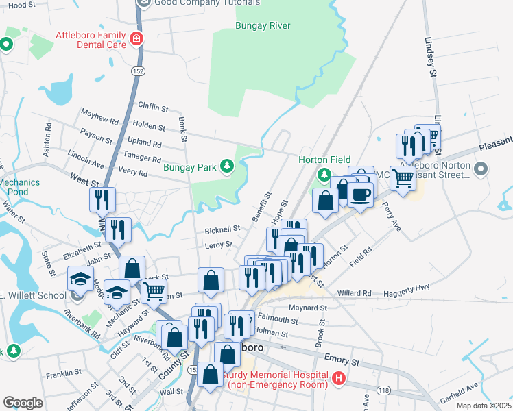 map of restaurants, bars, coffee shops, grocery stores, and more near 41 Benefit Street in Attleboro