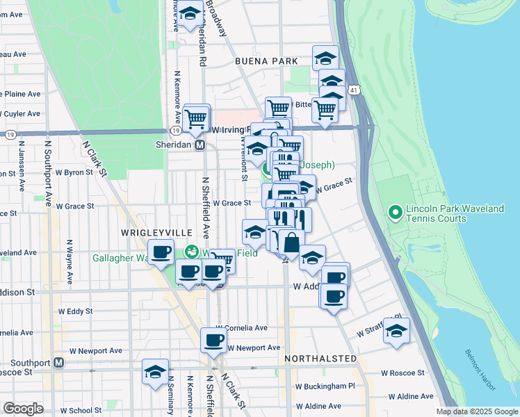 map of restaurants, bars, coffee shops, grocery stores, and more near 835 West Grace Street in Chicago