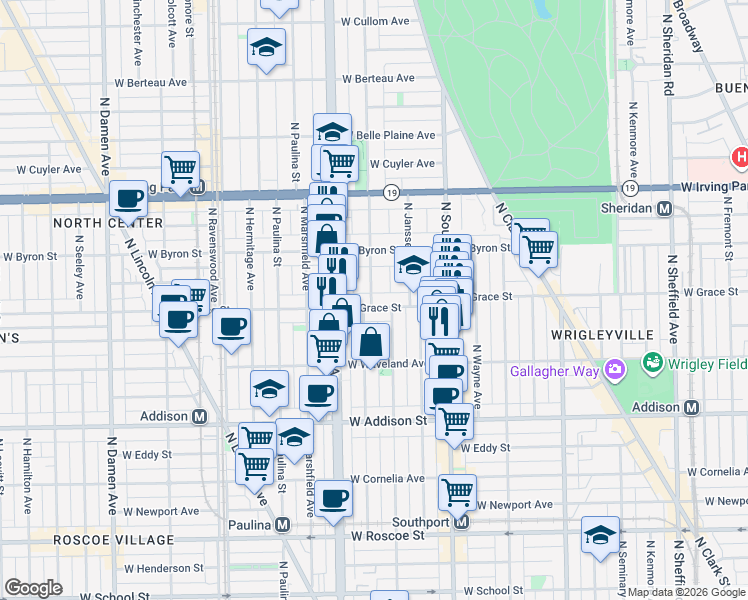 map of restaurants, bars, coffee shops, grocery stores, and more near 3755 North Bosworth Avenue in Chicago