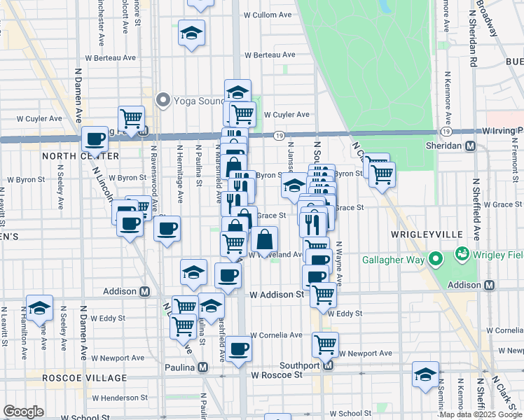 map of restaurants, bars, coffee shops, grocery stores, and more near 3755 North Bosworth Avenue in Chicago
