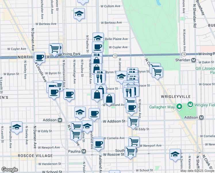 map of restaurants, bars, coffee shops, grocery stores, and more near 3755 North Bosworth Avenue in Chicago