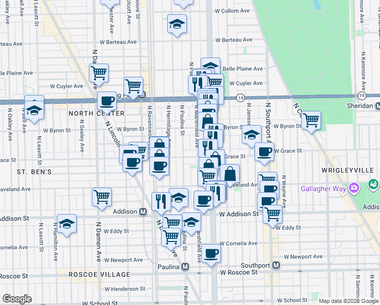 map of restaurants, bars, coffee shops, grocery stores, and more near 1639 West Grace Street in Chicago