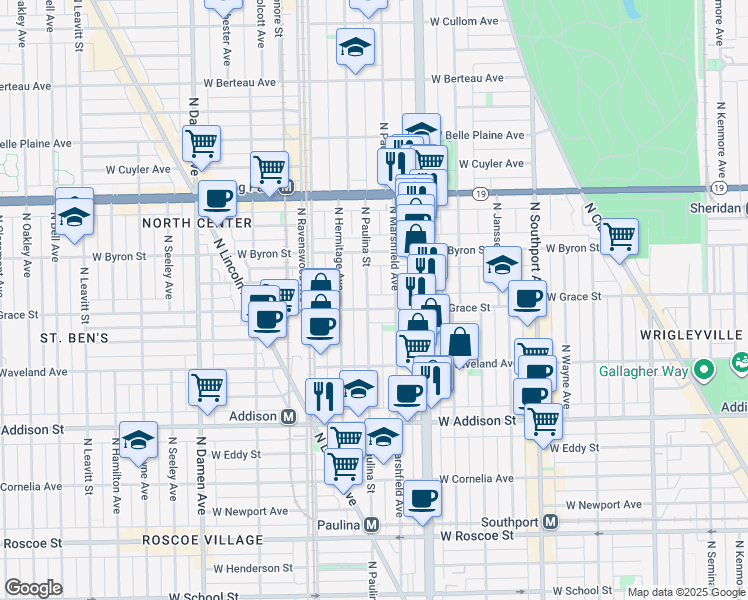 map of restaurants, bars, coffee shops, grocery stores, and more near 1639 West Grace Street in Chicago
