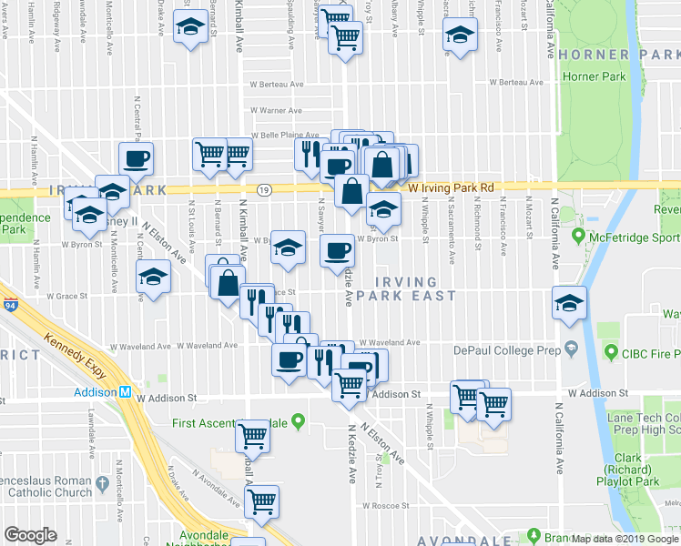 map of restaurants, bars, coffee shops, grocery stores, and more near 3806 North Kedzie Avenue in Chicago