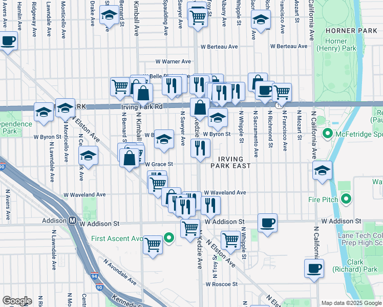map of restaurants, bars, coffee shops, grocery stores, and more near 3806 North Kedzie Avenue in Chicago