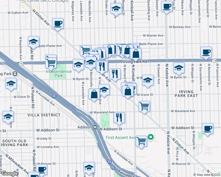 map of restaurants, bars, coffee shops, grocery stores, and more near 3808 North Saint Louis Avenue in Chicago