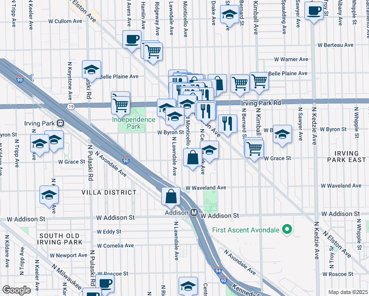 map of restaurants, bars, coffee shops, grocery stores, and more near 3809 North Lawndale Avenue in Chicago