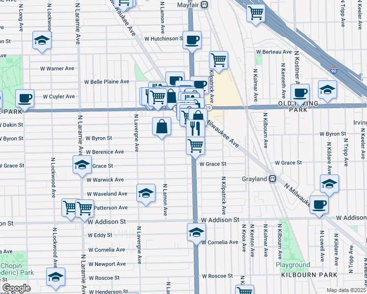 map of restaurants, bars, coffee shops, grocery stores, and more near 4831 West Berenice Avenue in Chicago
