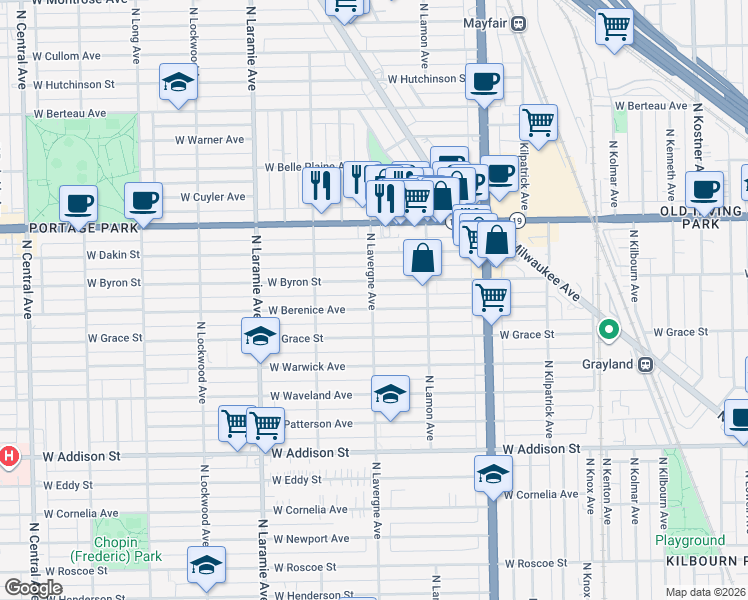 map of restaurants, bars, coffee shops, grocery stores, and more near 4943 West Berenice Avenue in Chicago