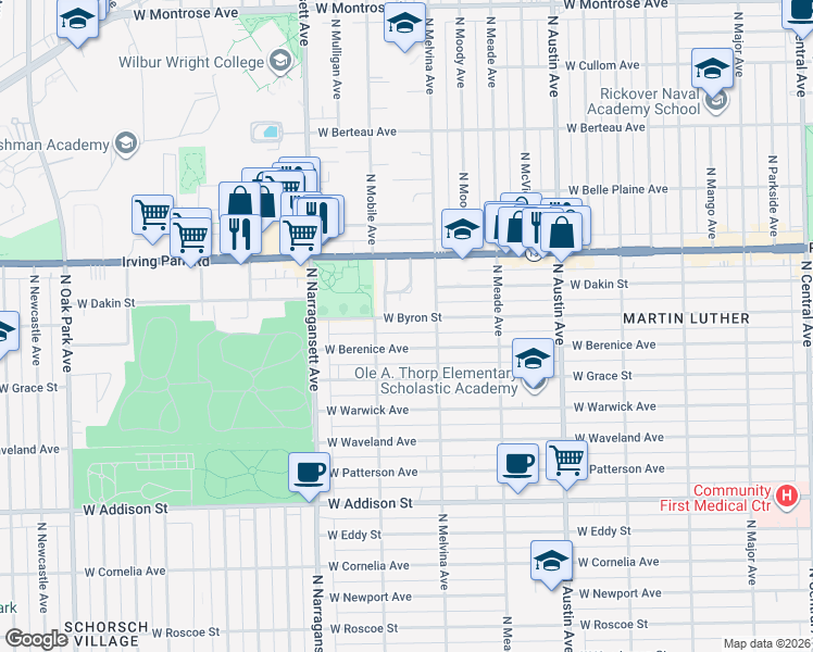 map of restaurants, bars, coffee shops, grocery stores, and more near 6234 West Berenice Avenue in Chicago