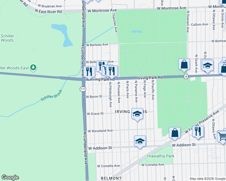map of restaurants, bars, coffee shops, grocery stores, and more near 3901 North Pittsburgh Avenue in Chicago
