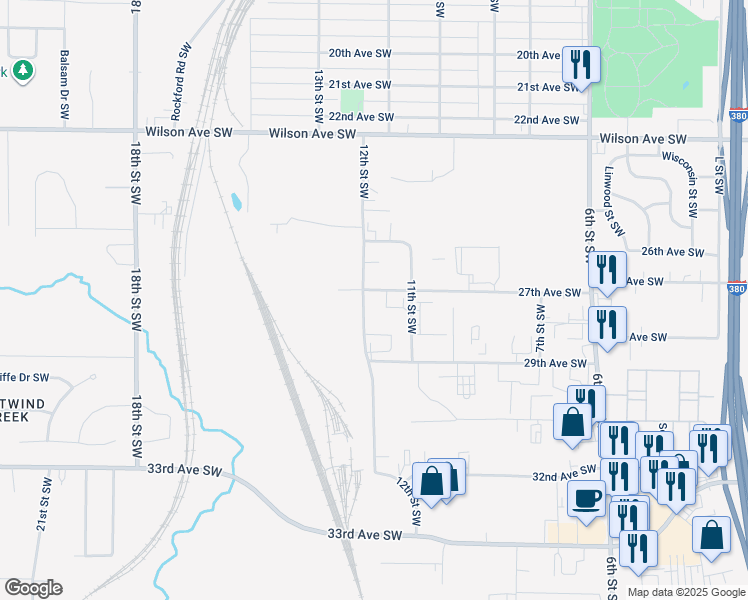 map of restaurants, bars, coffee shops, grocery stores, and more near 2739 12th Street Southwest in Cedar Rapids