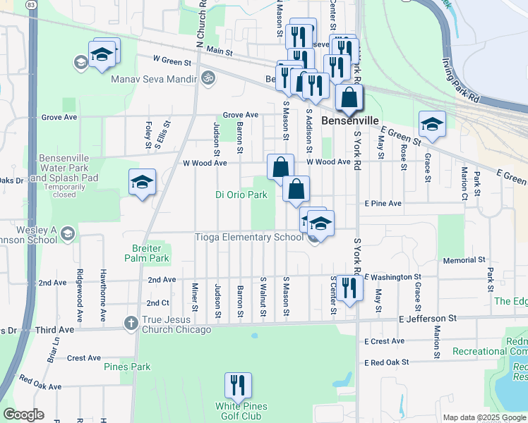 map of restaurants, bars, coffee shops, grocery stores, and more near 398 Memorial Rd in Bensenville