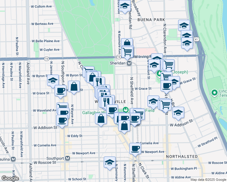 map of restaurants, bars, coffee shops, grocery stores, and more near 1101 West Grace Street in Chicago