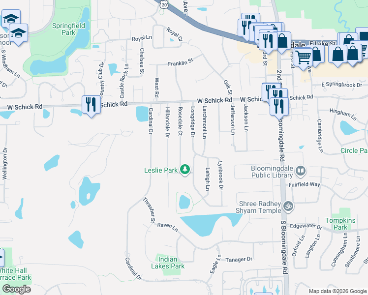 map of restaurants, bars, coffee shops, grocery stores, and more near 196 Longridge Drive in Bloomingdale