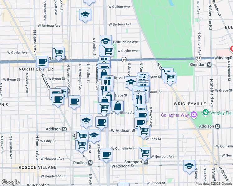 map of restaurants, bars, coffee shops, grocery stores, and more near 3806 North Greenview Avenue in Chicago